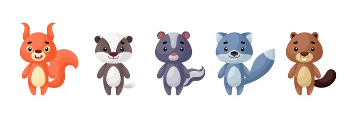 Cute woodland animals set. Collection funny animals characters for kids cards, baby shower, birthday invitation, house interior. Bright colored childish vector illustration.