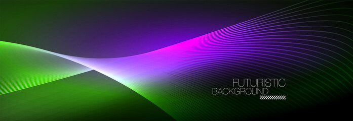 Abstract neon glowing light in the dark with waves. Shiny magic energy and motion concept, vector abstract wallpaper background