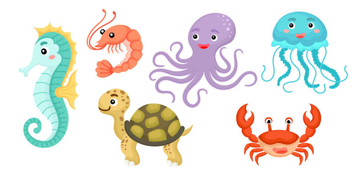 Set of ocean animals in cartoon style. Cute animals characters for kids cards, baby shower, birthday invitation, house interior. Bright colored childish vector illustration.