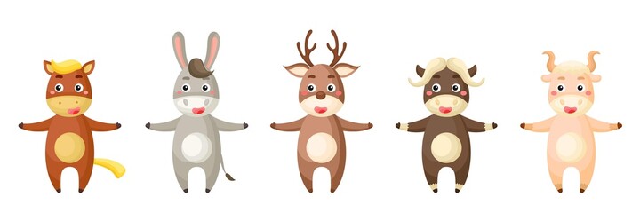 Naklejka premium Set of animals in cartoon style. Cute animals characters for kids cards, baby shower, birthday invitation, house interior. Bright colored childish vector illustration.