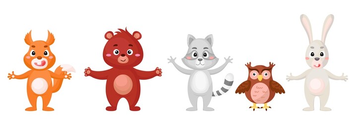 Set of woodland animals in cartoon style. Cute animals characters for kids cards, baby shower, birthday invitation, house interior. Bright colored childish vector illustration.
