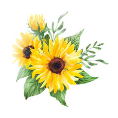 Naklejka premium Watercolor sunflowers bouquet. Summer flowers and leaves. Hand painted illustration isolated on white. Great for weddings, greeting card, t-shirts, bag decorating. Nice art print for home decoration