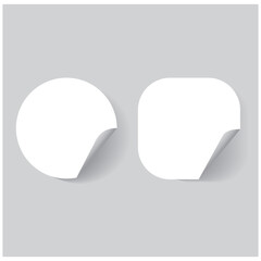 Blank white round adhesive stickers mock up with curved corner, 3d rendering, vector.