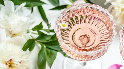 Glass Of White Wine and Peony Flowers. Summer celebration, wedding greeting card, invitation...