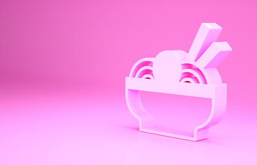 Pink Asian noodles in bowl and chopsticks icon isolated on pink background. Street fast food. Korean, Japanese, Chinese food. Minimalism concept. 3d illustration 3D render