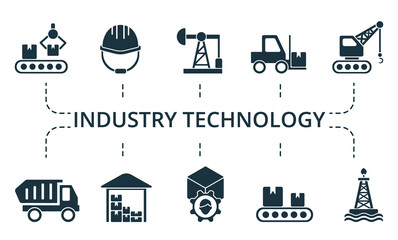 Industry Technology icon set. Contains editable icons theme such as digger, construction plan, dump truck and more.