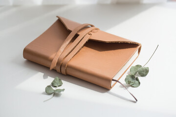 blank brown leather diary on white desk.