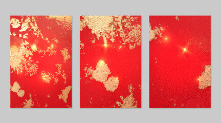 Set of marble patterns. Light red and gold geode textures with glitter. Abstract vector background in alcohol ink technique. Modern paint with sparkles. Backdrops for banner, poster. Fluid art
