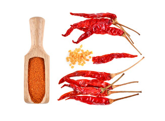 Cayenne pepper with dried pepper isolated on white background, Top view