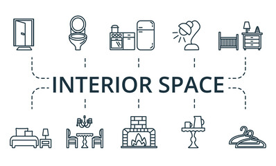 Interior Space icon set. Contains editable icons theme such as fireplace, table lamp, office table and more.
