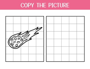 Copy the picture activity page for kids. Draw and color meteorite using the example. Space educational game template for school and preschool. Vector illustration © juliyas