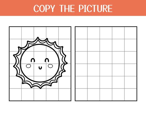 Copy the picture activity page for kids. Draw and color a cute sun using the example. Space educational game template for school and preschool. Vector illustration