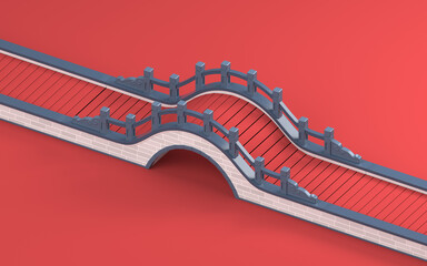 Chinese style bridge with red background, 3d rendering