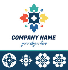 Set of abstract geometrical shape logo. Flower icon, colored and monochrome shades. Hand crafted flat design element. Vector print illustration