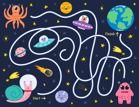 Help a cute snail astronaut find a way to the Earth. Space maze puzzle for kids. Activity page with funny space character.  Mini game for school and preschool. Vector illustration