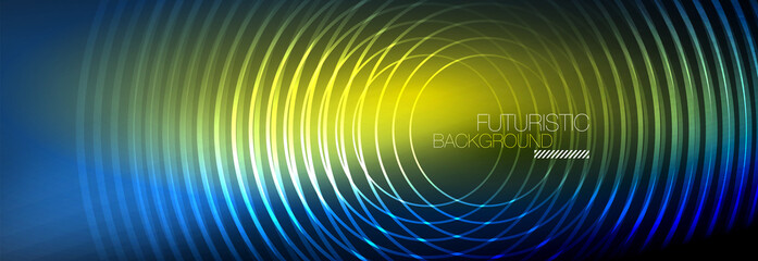 Dark abstract background with glowing neon circles. Trendy layout template for business or technology presentation, internet poster or web brochure cover, wallpaper