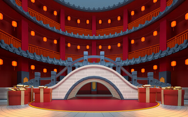 Chinese style bridge with red indoor background, 3d rendering.