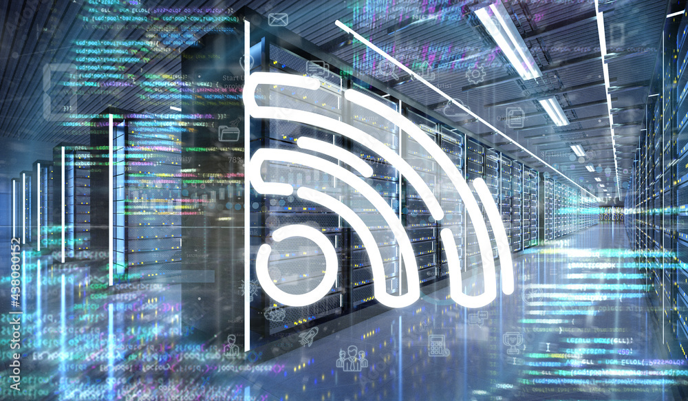 Poster wifi icon in a server room data center - 3d rendering