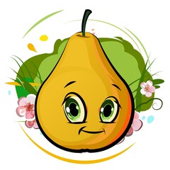 Pear  cheerful smile. Juicy red   fruit with a muzzle. Cartoon style. Isolated over white background. Vector illustration. Bright summer composition.