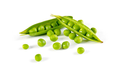 Pods with fresh green peas on white background