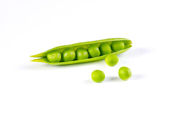 Pods with fresh green peas on white background