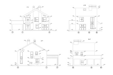 Private house facade sections, detailed architectural technical drawing, vector blueprint