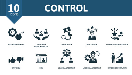 Control icon set. Contains editable icons management theme such as risk management, corruption, competitive advantage and more.