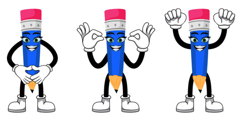 Mascot colorful pencil character standing and doing different actions with cheerful expression