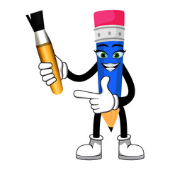 Mascot pencil character standing and holding paint brush and pointing with cheerful expression