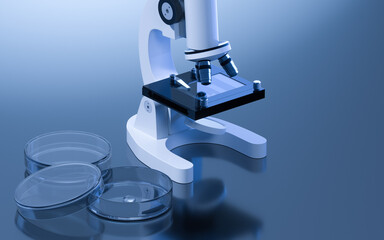 Glassware and microscope in the laboratory, 3d rendering.