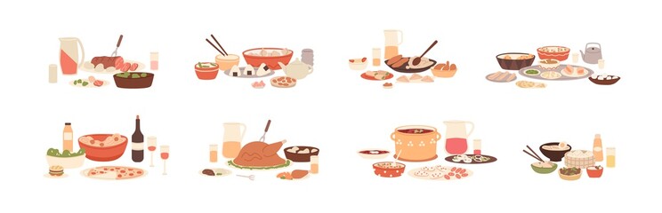 Set of national food for festive dinners. Traditional meals of diverse cuisines. American, Arab, Asian, Italian, Russian holiday dishes. Colored flat vector illustration isolated on white background