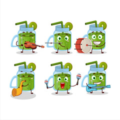 Cartoon character of kiwi smoothie playing some musical instruments