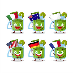 Kiwi smoothie cartoon character bring the flags of various countries
