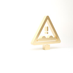 Gold Uneven road ahead sign. Warning road icon isolated on white background. Traffic rules and safe driving. 3d illustration 3D render