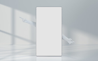 Hand and mobile with white background, 3d rendering.