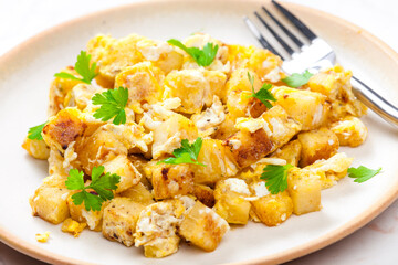 fried dumplings with fried eggs