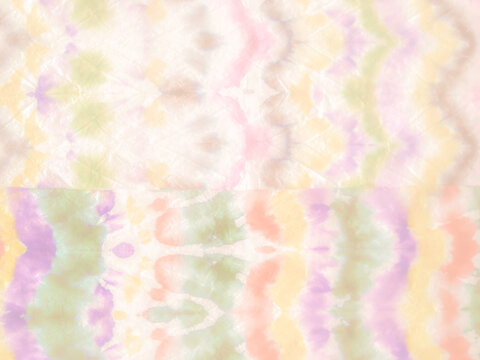 Pastel Light geometric pattern. Watercolor curved lines of yellow purple green on white. Abstract background in pale faded colors. Gentle ink spots and flows, vintage fabric effect with tie-dye 