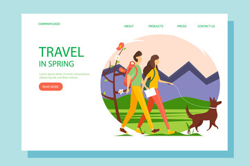 Spring illustration of outdoor activities, travel, and recreation. Travelers with backpacks walking among the mountains.