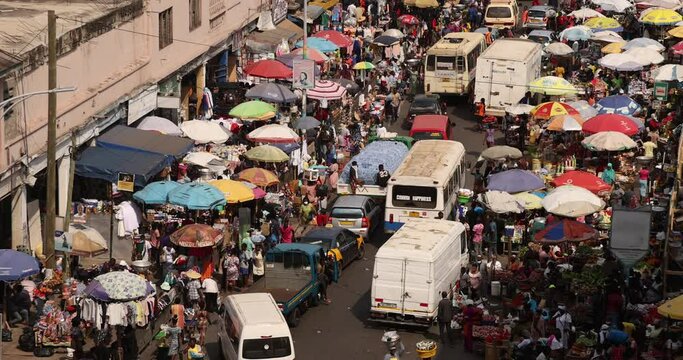 Accra Ghana Africa overhead Makola Street market. Historical busy congested market area downtown, Accra, Ghana. Historic place to buy and sell products.