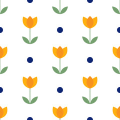 Flowers seamless flat pattern. Floral vector cover. Orange tulips on a white background with blue polka dots. For any graphic design of wrapping paper, material, covers, wallpaper, linen, fabric, etc.