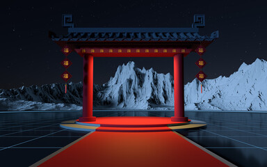 Chinese gate with snow mountains background, translating blessing, 3d rendering.