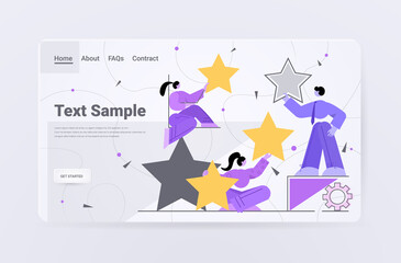 Naklejka premium businesspeople holding review stars rating customer feedback satisfaction level online survey concept