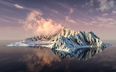 Snowy mountains with sunset background, 3d rendering.