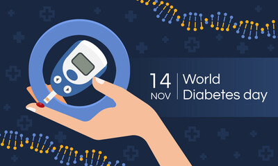 World diabetes day with hand hold Glucose testing blood tool in blue circle on dark blue cross sign texture and dna sign background vector design