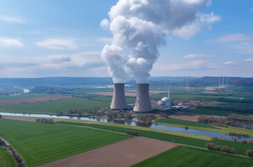 View of drone of nuclear power plant and river