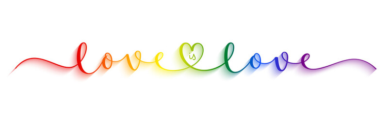 LOVE IS LOVE vector brush calligraphy banner with swashes and heart symbol in pride colors on white background