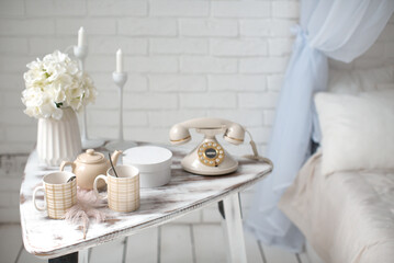 bedside table, still life with a cup of coffee, morning in bed, woke up from a phone call