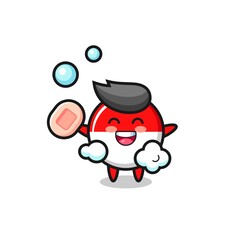 indonesia flag badge character is bathing while holding soap