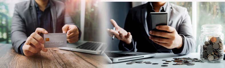 Male hand putting coins with money stack step growing growth and dollar bag. saving money, Concept finance business investment.