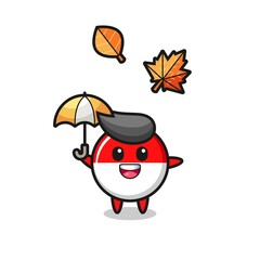 cartoon of the cute indonesia flag badge holding an umbrella in autumn